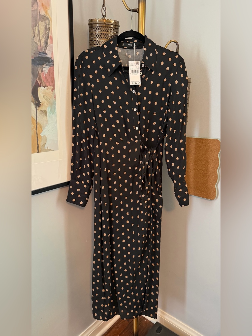 Mango Black Long-Sleeve Polka Dot Wrap Dress